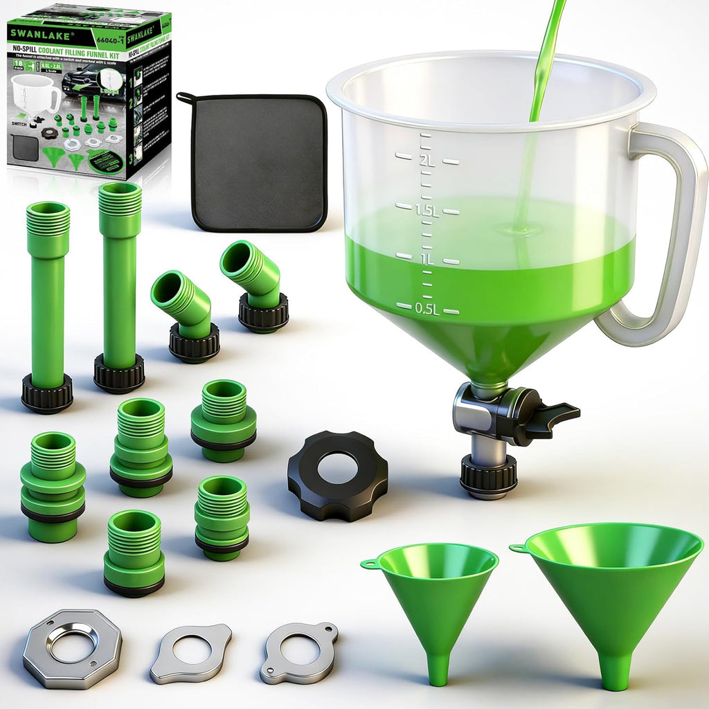 SWANLAKE 18-Piece No-Spill Coolant Funnel Kit, Radiator Funnel Burping Tool, Coolant Bleeder Kit with Adapters, Universal Fitment for Automotive Cooling System