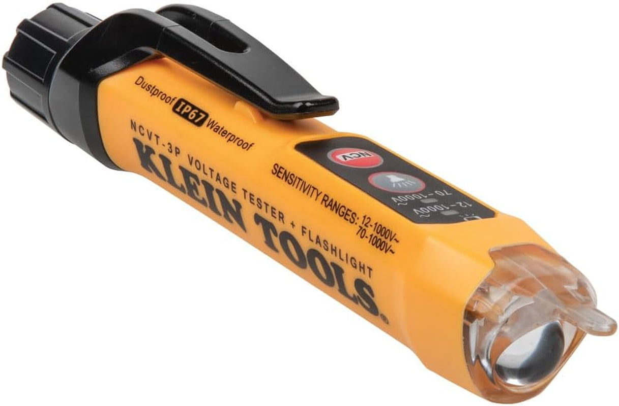 NCVT3P Dual Range Non Contact Voltage Tester, 12 - 1000V AC Pen, Flashlight, Audible and Flashing LED Alarms, Pocket Clip