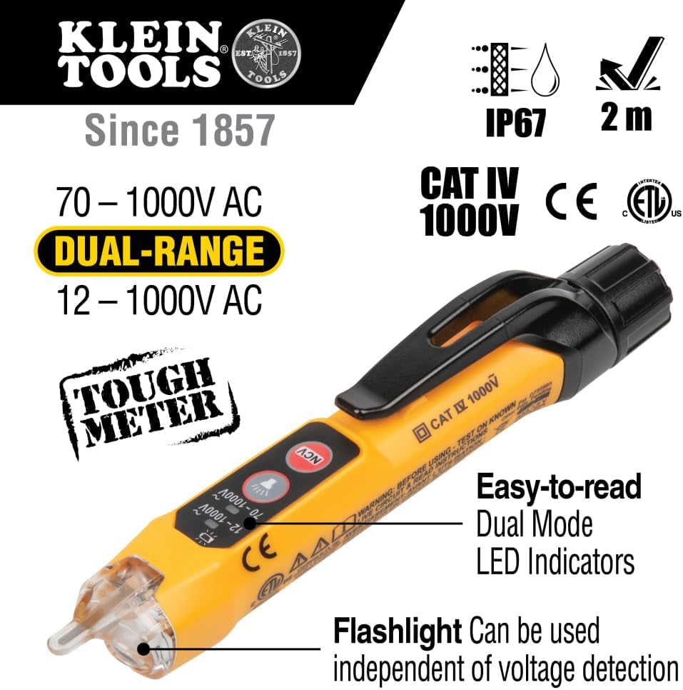 NCVT3P Dual Range Non Contact Voltage Tester, 12 - 1000V AC Pen, Flashlight, Audible and Flashing LED Alarms, Pocket Clip