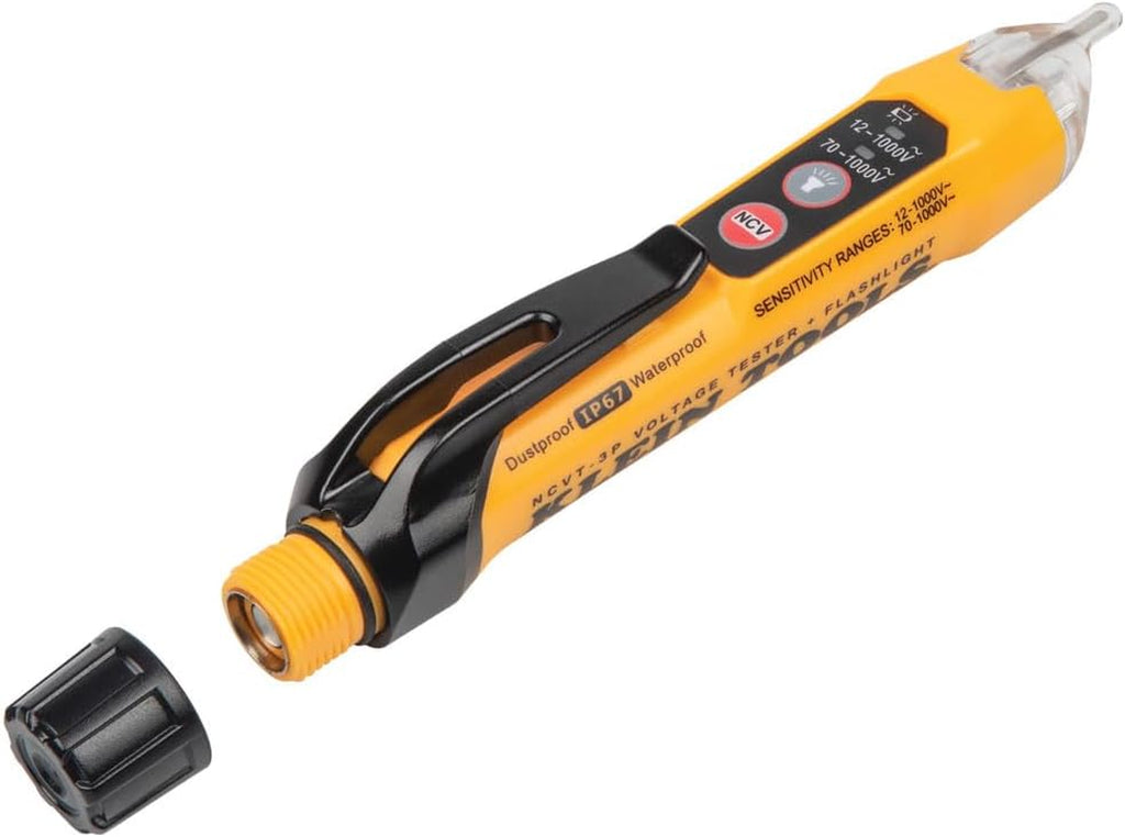 NCVT3P Dual Range Non Contact Voltage Tester, 12 - 1000V AC Pen, Flashlight, Audible and Flashing LED Alarms, Pocket Clip