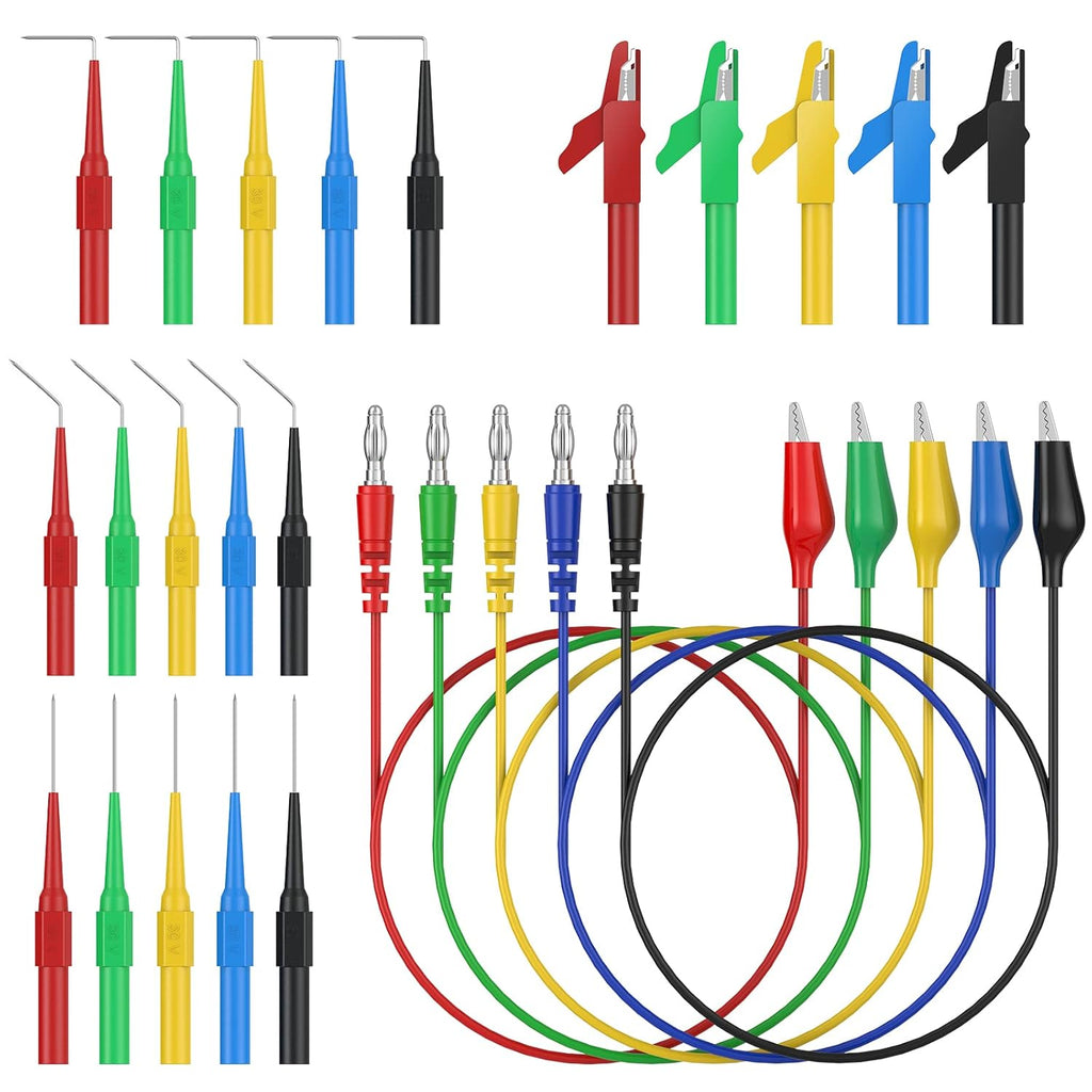 25Pcs Back Probe Test Lead- 15Pcs Back Probe Pins & 5Pcs Banana Plug to Alligator Clip 5 PCS Alligator Clips for Multimeter Diagnosis Circuit Testing