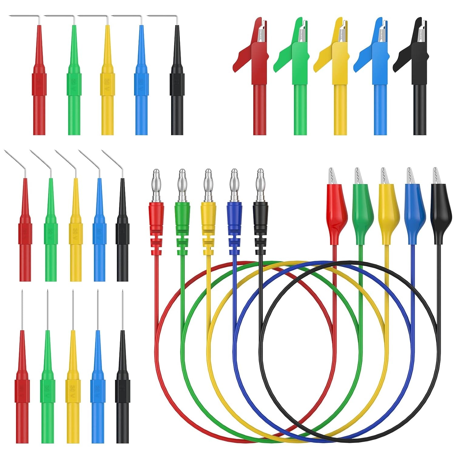 25Pcs Back Probe Test Lead- 15Pcs Back Probe Pins & 5Pcs Banana Plug to Alligator Clip 5 PCS Alligator Clips for Multimeter Diagnosis Circuit Testing